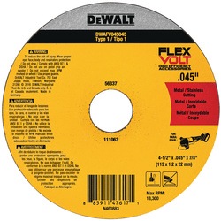 DEWALT - Disque de coupe Flexvolt 114mm x 114mm x 22mm 412po x 0045po x 78po T1 - DWAFV845045