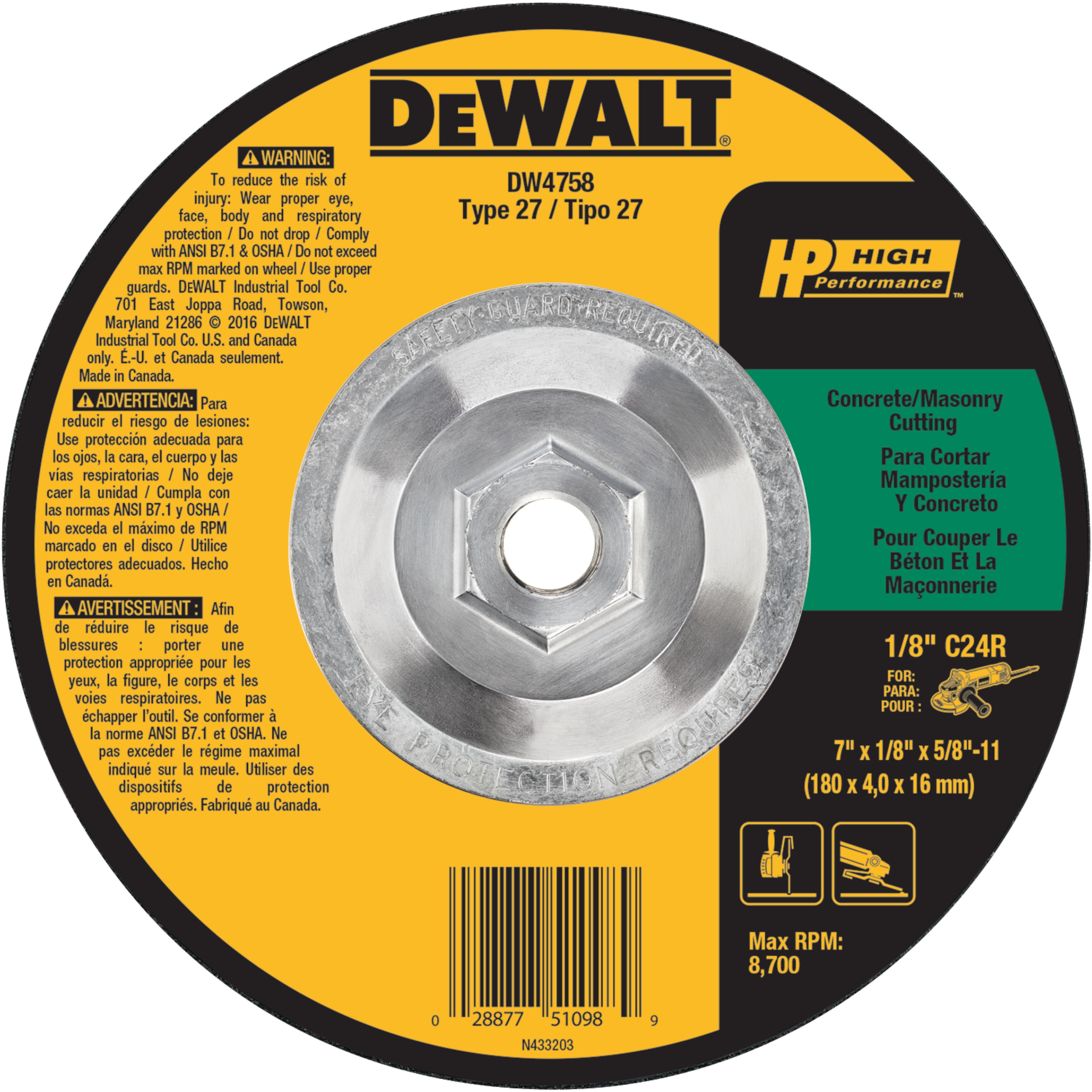 x 5//8in Dewalt DW4429 4in Type 27 Masonry Grinding Wheel x 1//4in