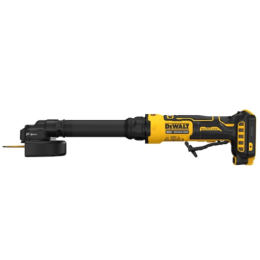 A DEWALT cordless brushless cut-off tool, model DCG432XB, featuring a yellow and black design with an extended handle and protective guard around the cutting wheel.