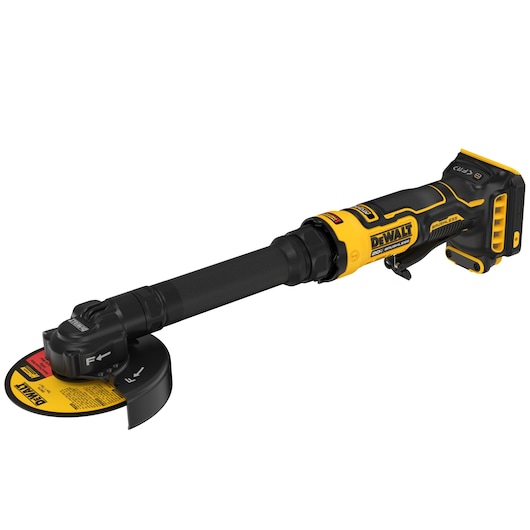 A DEWALT cordless angle grinder with a yellow and black design, long handle, and a protective guard over the grinding disc.
