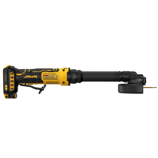 A DEWALT cordless brushless angle grinder with an extended handle, shown in a side profile. The tool is yellow and black with detailed labeling and a protective guard around the grinding disc.