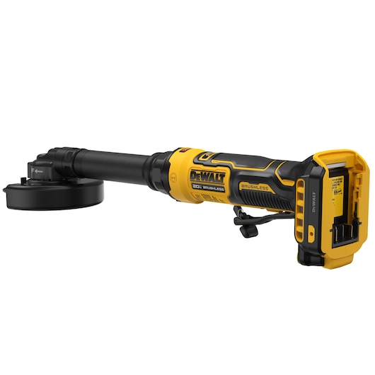 A DEWALT 20V cordless brushless angle grinder, shown in a side profile view with yellow and black detailing, and an open battery compartment.