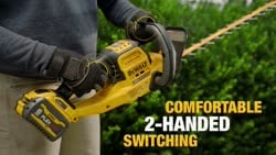Video DEWALT DCHT870T1 hedge trimmer demo shows features, battery, runtime, and hedge cutting in multiple outdoor shots.