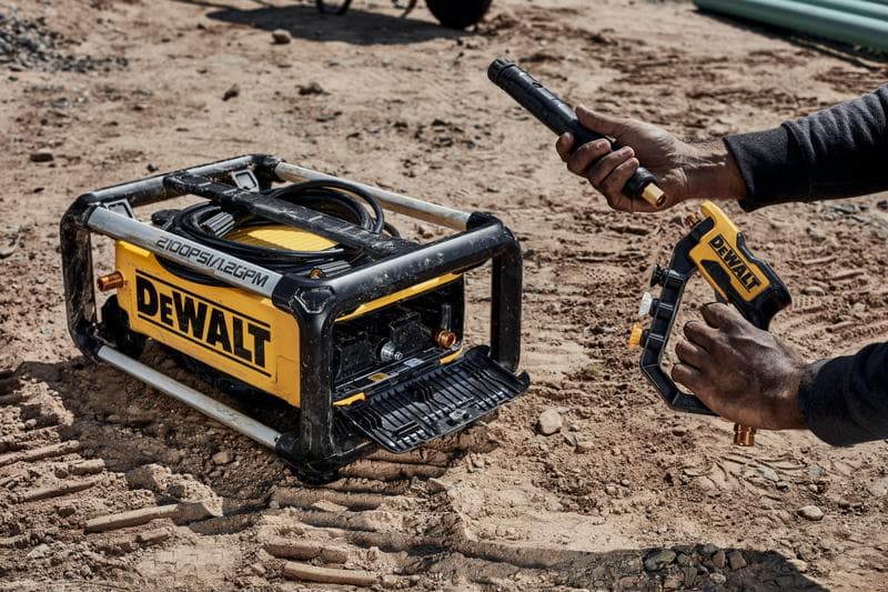 A DEWALT portable pressure washer with visible hoses and attachments is being assembled outdoors on a dirt surface. A person is holding a spray nozzle and connecting it to the machine.