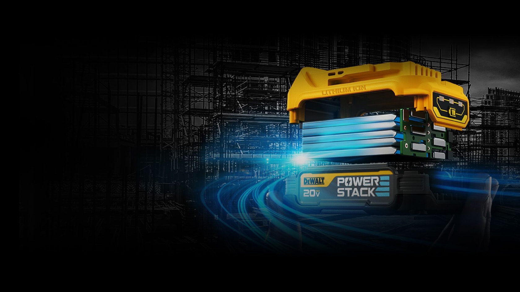 A DEWALT POWERSTACK 20V battery is shown against a dark industrial background with blue energy lines highlighting its advanced battery cell technology.